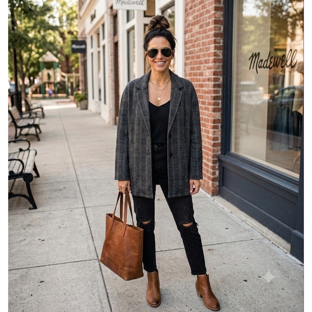 Madewell Gray Black Plaid Knit Blazer Medium Oversized Career Business Casual